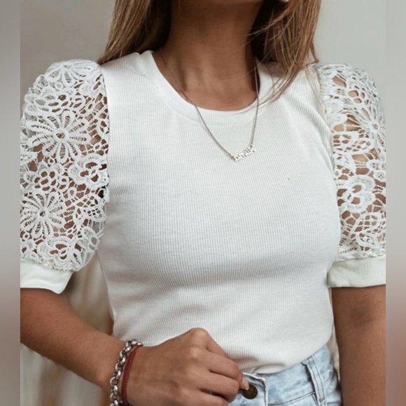 Halo & Harley Tops - Elegant White Lace Sleeve Top